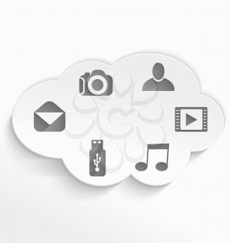 Vector illustration of white cloud computing icons with realistic shadow.