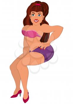 Illustration of cartoon female character isolated on white. Cartoon brunet fit woman in bra.




