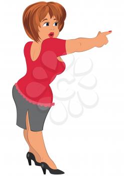 Illustration of cartoon female character isolated on white. Cartoon fat woman in red top pointing with index finger.




