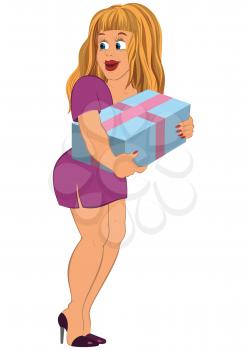 Illustration of cartoon female character isolated on white. Cartoon girl holding present box.






