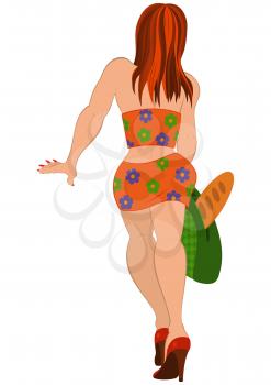Illustration of cartoon female character isolated on white. Cartoon girl in orange suit back view.
