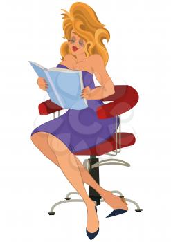 Illustration of cartoon female character isolated on white. Cartoon girl in purple dress reading book.





