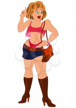 Illustration of cartoon female character isolated on white. Cartoon girl in red underwear holding index finger up.




