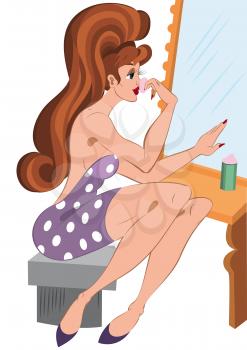 Illustration of cartoon female character isolated on white. Cartoon girl sitting and applying makeup near the mirror.





