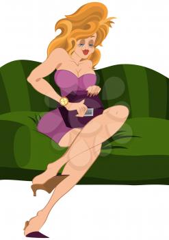 Illustration of cartoon female character isolated on white. Cartoon girl sitting on green couch and looking in to her purse.




