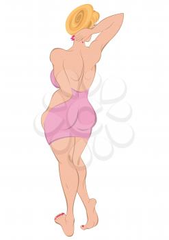Illustration of cartoon female character isolated on white. Cartoon girl with blond hair in pink dress bear feet. Back view.




