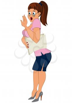 Illustration of cartoon female character isolated on white. Cartoon girl with glasses and paper in her hand.




