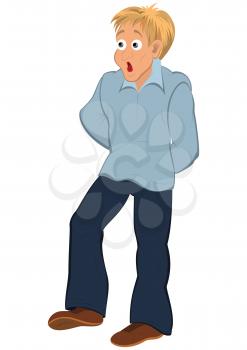 Illustration of cartoon male character isolated on white. Cartoon man in blue shirt and open mouth.





