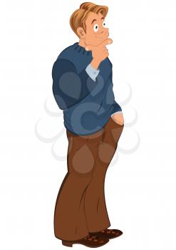 Illustration of cartoon male character isolated on white. Cartoon man in blue sweater touching chin.




