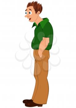 Illustration of cartoon male character isolated on white. Cartoon man in green shirt and hands in to pockets.
