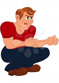 Illustration of cartoon male character isolated on white. Cartoon man in red t-shirt sitting on his feet.


