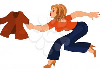 Illustration of cartoon female character isolated on white. Cartoon woman in blue pants running after jacket.




