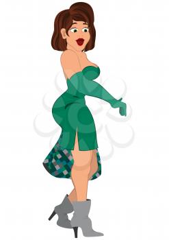 Illustration of cartoon female character isolated on white. Cartoon  woman in green dress and gray boots with bag.
