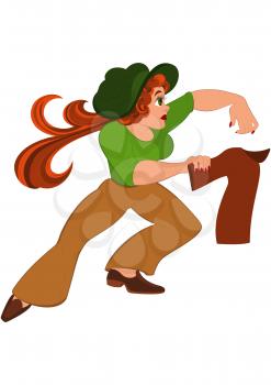 Illustration of cartoon female character isolated on white. Cartoon woman in green top running after jacket.




