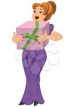 Illustration of cartoon female character isolated on white. Cartoon woman in purple dress with present box. 



