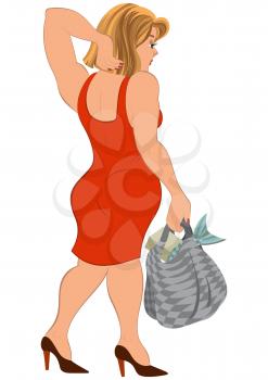 Illustration of cartoon female character isolated on white. Cartoon  woman in red dress and bag with fish back view.




