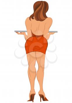 Illustration of cartoon female character isolated on white. Retro girl with tray. Back view.





