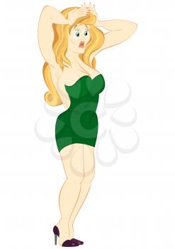 Illustration of cartoon female character isolated on white. Retro hipster girl in green dress holding hands up.



