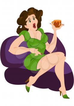 Illustration of cartoon female character isolated on white. Retro hipster girl on purple sofa with cup of coffee.





