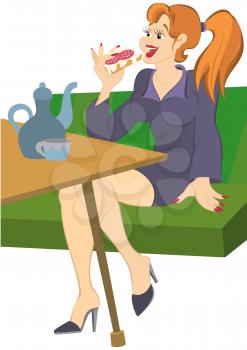 Illustration of cartoon female character isolated on white. Retro hipster girl sitting on sofa having lunch.