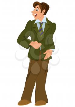 Illustration of cartoon male character isolated on white. Retro hipster man standing in green jacket.



