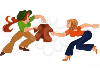 Illustration of cartoon people isolated on white. Two cartoon girls fighting over brown jacket.




