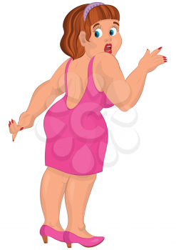 Illustration of cartoon female character isolated on white. Cartoon overweight young woman in pink dress back view.
