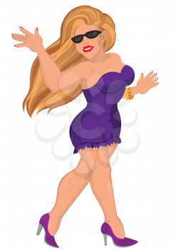 Illustration of cartoon female character isolated on white. Cartoon sexy young woman in purple mini dress walking.





