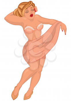 Illustration of cartoon female character isolated on white. Cartoon young sexy woman in pink gown with closed eyes.





