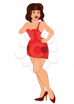 illustration of cartoon female character isolated on white. Cartoon sexy woman in mini red dress.




