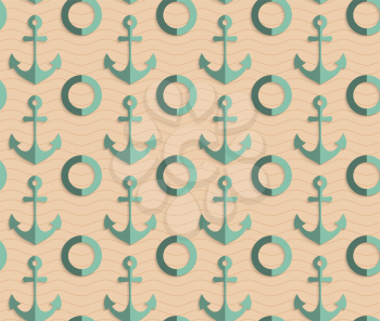 Vintage colored simple seamless pattern. Background with paper fold and 3d realistic shadow.Retro fold sea green anchors.