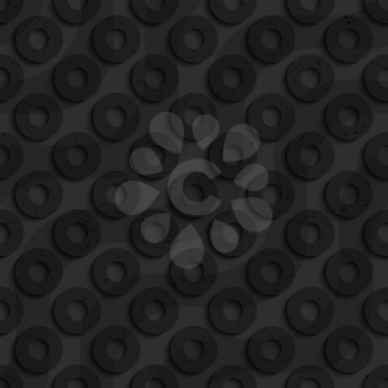 Black textured plastic diagonal donuts with waves.Seamless abstract geometrical pattern with 3d effect. Background with realistic shadows and layering.