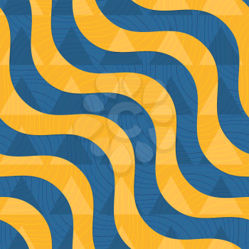 Retro 3D blue and yellow waves with overplayed triangles .Abstract layered pattern. Bright colored background with realistic shadow and thee dimentional effect.