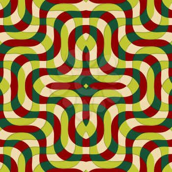 Retro 3D red green and yellow overlapping waves.Abstract layered pattern. Bright colored background with realistic shadow and thee dimentional effect.