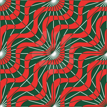 Retro 3D red green waves and rays.Abstract layered pattern. Bright colored background with realistic shadow and thee dimentional effect.