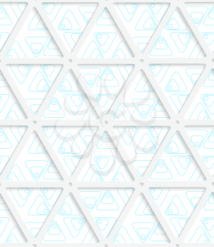 Colored 3D blue rounded triangles with grid.Seamless geometric background. Modern 3D texture. Pattern with realistic shadow and cut out of paper effect.