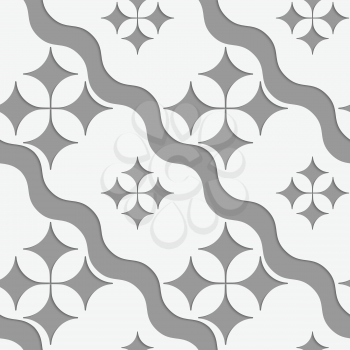 Perforated pointy four foils with waves.Seamless geometric background. Modern monochrome 3D texture. Pattern with realistic shadow and cut out of paper effect.