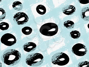 Artistic color brushed black circles with blue grunge.Hand drawn with ink and marker brush seamless background.Abstract color splush and scribble design.
