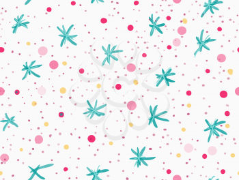 Painted green snowflakes with dots.Hand drawn with paint brush seamless background. Abstract colorful texture. Modern irregular tillable design.