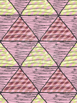 Inked triangles scribbled.Hand drawn with ink and marker brush seamless background.Six color pallet collection.