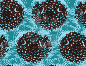 Blowfish brown on scribbled bubbles.Seamless pattern. Sea life. Undewater fabric design.