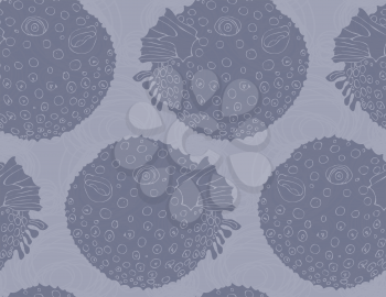 Blowfish on scribbled bubbles.Seamless pattern. Sea life. Undewater fabric design.