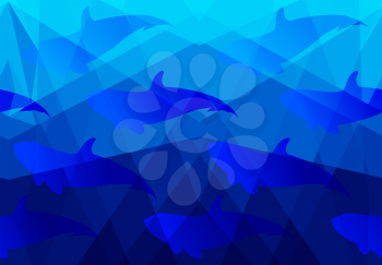 Low poly sea with fish shadow.Horizontal seamless pattern. Triangular underwater design. Bright blue pattern.Gradient pattern. The pattern is tiling only in horizontally.
