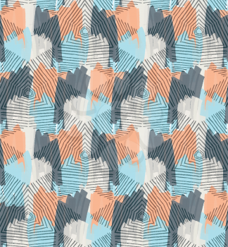 Hand hatched diamonds with blue and orange marker.Hand drawn seamless background.Rough hatched pattern. Fabric design.