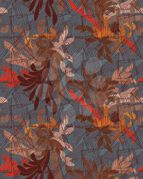 Aster flower brown with grids.Seamless pattern.  