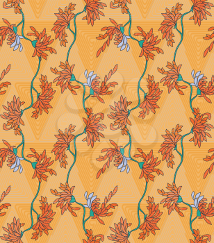 Aster flower on orange triangular geometric background.Seamless pattern.  