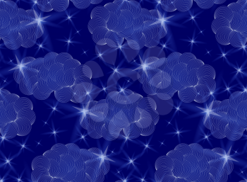 Vector seamless pattern with bright stars clouds and sky.Abstract night seamless background. Repainting pattern with deep blue sky