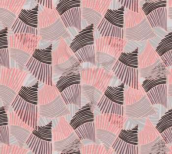 Wavy trapezoids brown and pink.Hand drawn with ink seamless background.Rough texture created with hatched geometrical shapes.