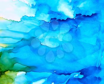 Abstract blue underwater splashes.Colorful background hand drawn with bright inks and watercolor paints. Color splashes and splatters create uneven artistic modern design.