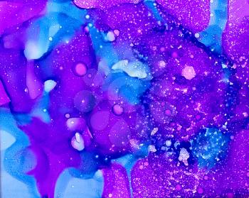 Abstract paint blue purple merging flow textured.Colorful background hand drawn with bright inks and watercolor paints. Color splashes and splatters create uneven artistic modern design.